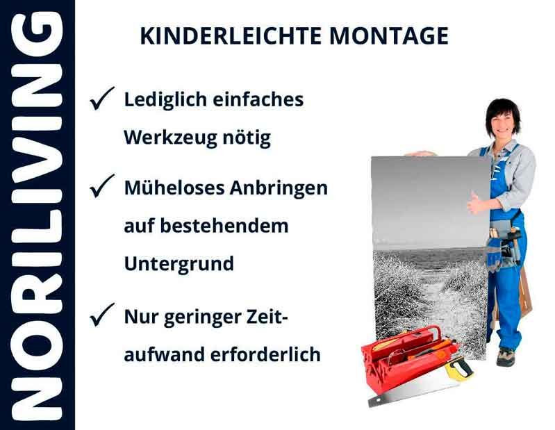 Frau präsentiert ein Noriliving-Produkt, das mit minimalem Aufwand einfach montiert werden kann.