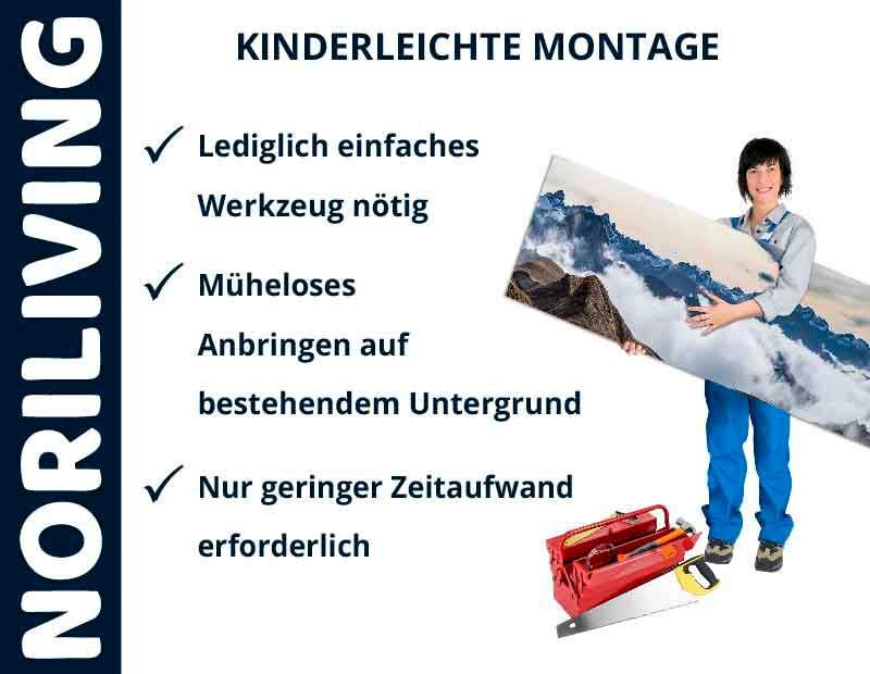 Frau hält ein Bild mit Bergen, neben ihr Werkzeuge und Anleitung für leichte Montage von Noriliving.