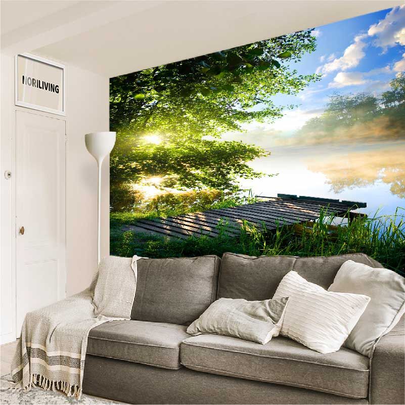 im Wohnzimmer eingebaute Wohnzimmerrückwand mit Motiv Anglersteg am Fluss am Morgen 320