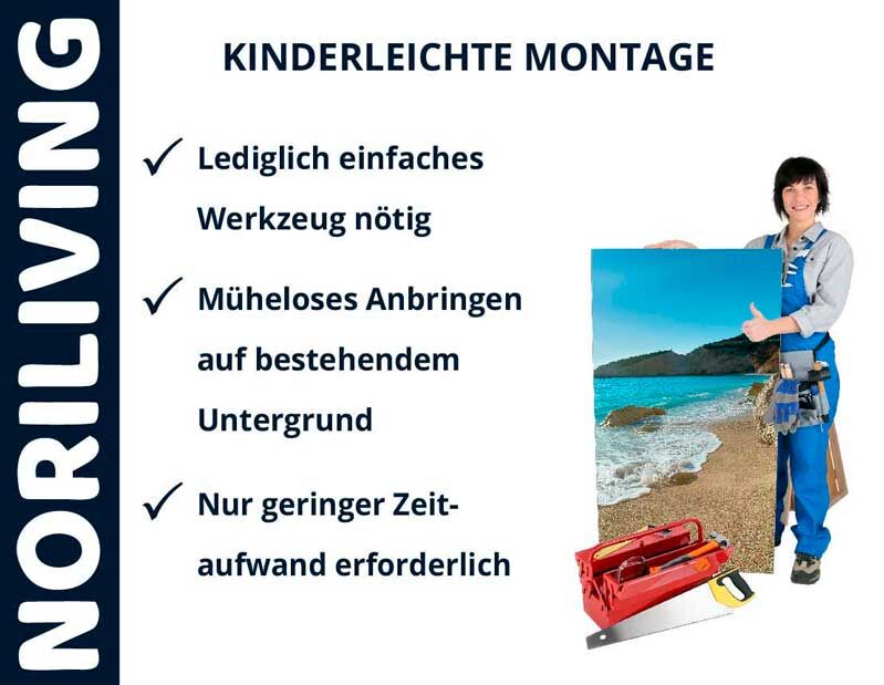 NoriLiving-Werbung: Frau hält Wanddekoration mit kinderleichter Montage. Einfache Werkzeuge und geringer Zeitaufwand nötig.