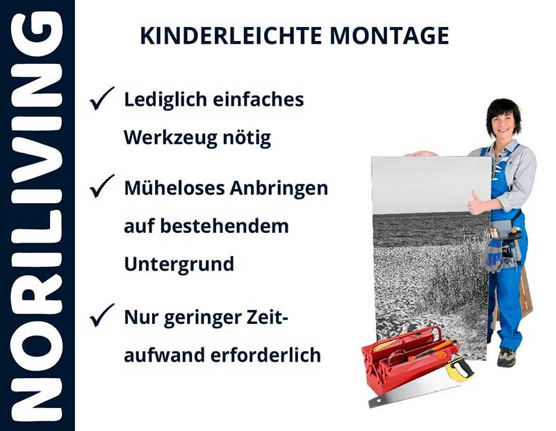 Person in Arbeitskleidung neben einem großen Werkzeugkasten zeigt kinderleichte Montage mit wenigen Werkzeugen, schnellem Anbringen und geringem Zeitaufwand.
