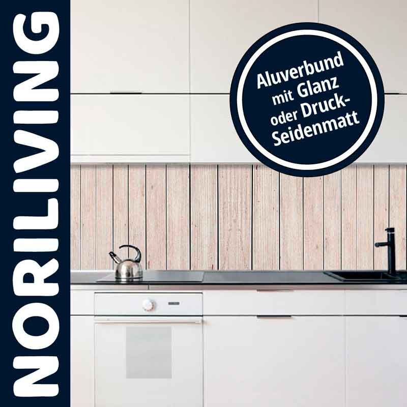 Küchenansicht mit Aluverbund Rückwand von Noriliving in Glanz oder Druck-Seidenmatt