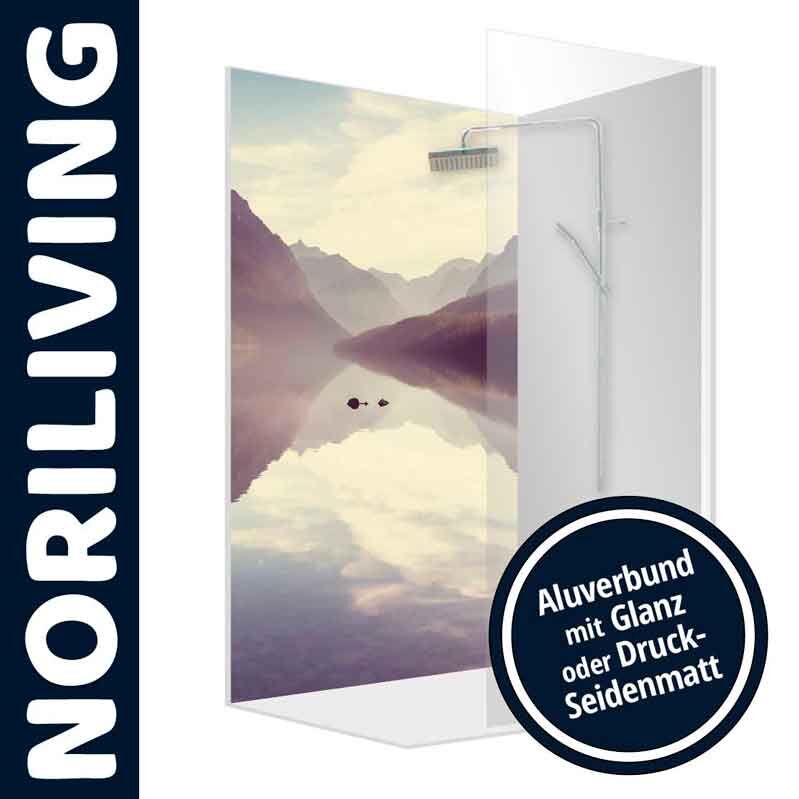 Duschabtrennung von Noriliving mit Landschaftsbild, erhältlich in Aluverbund mit Glanz oder Druck-Seidenmatt