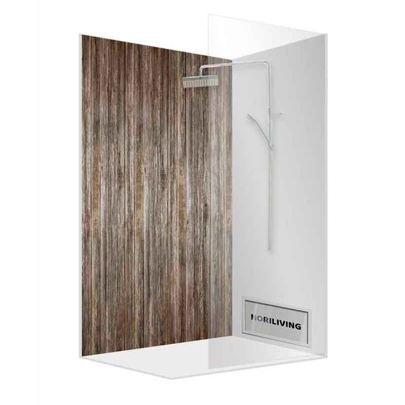 Dusche mit Glaswänden und Rückwand in Holzoptik für stilvolle Badezimmer
