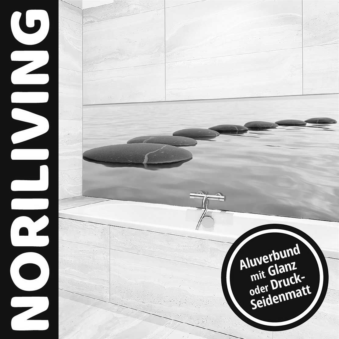 Moderner Badezimmer-Wandaufkleber von NORILIVING mit Steindekor in Wasseroptik aus Aluverbund, erhältlich in Glanz oder Druck-Seidenmatt.
