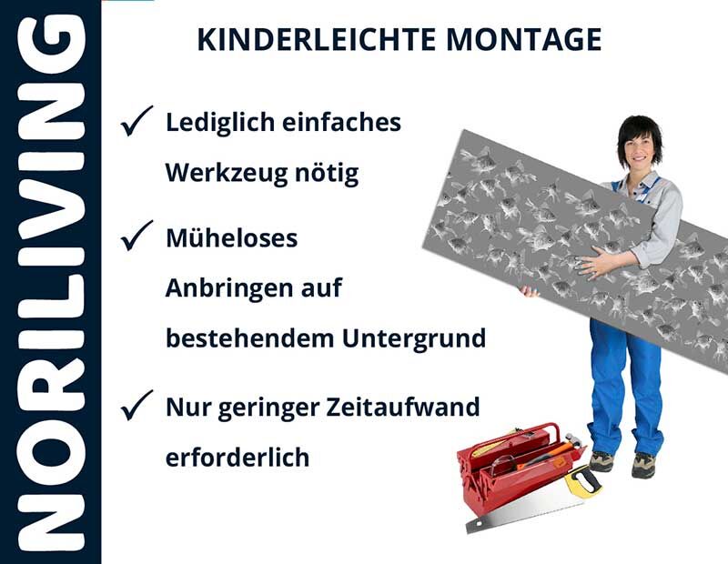 Person hält Wandpaneel, daneben Werkzeuge. Text: 'Kinderleichte Montage', 'Lediglich einfaches Werkzeug nötig', 'Müheloses Anbringen auf bestehendem Untergrund', 'Nur geringer Zeitaufwand erforderlich'. Markenname NORILIVING