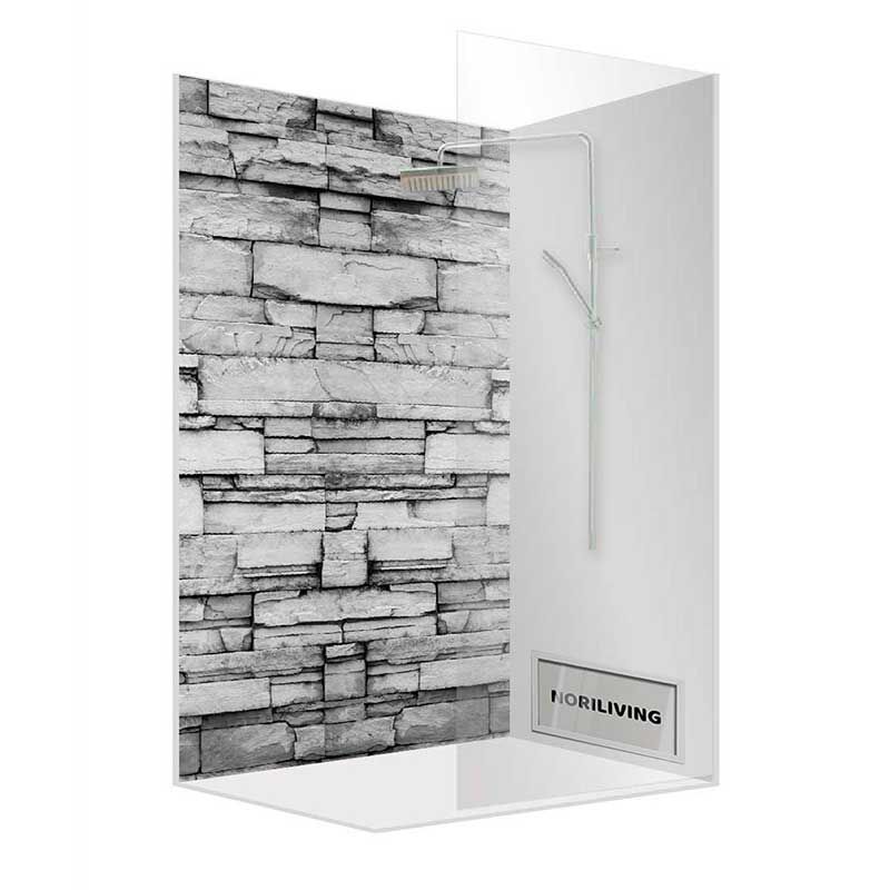 Stylische Dusche mit Steinwand-Design, Duschkopf und Glaswand von NORLIVING