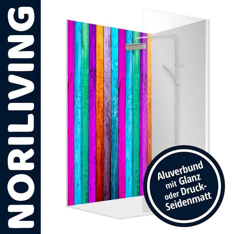 Farbenfrohe Duschwand aus Aluverbundmaterial von NORILIVING in Glanz oder Seidenmatt