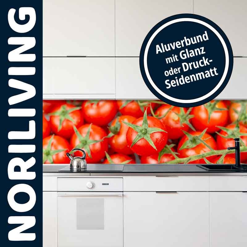 Moderne Küche mit Noriliving Aluverbund Küchenrückwand, Tomatendesign präsentiert Glanz oder Druck-Seidenmatt-Optik