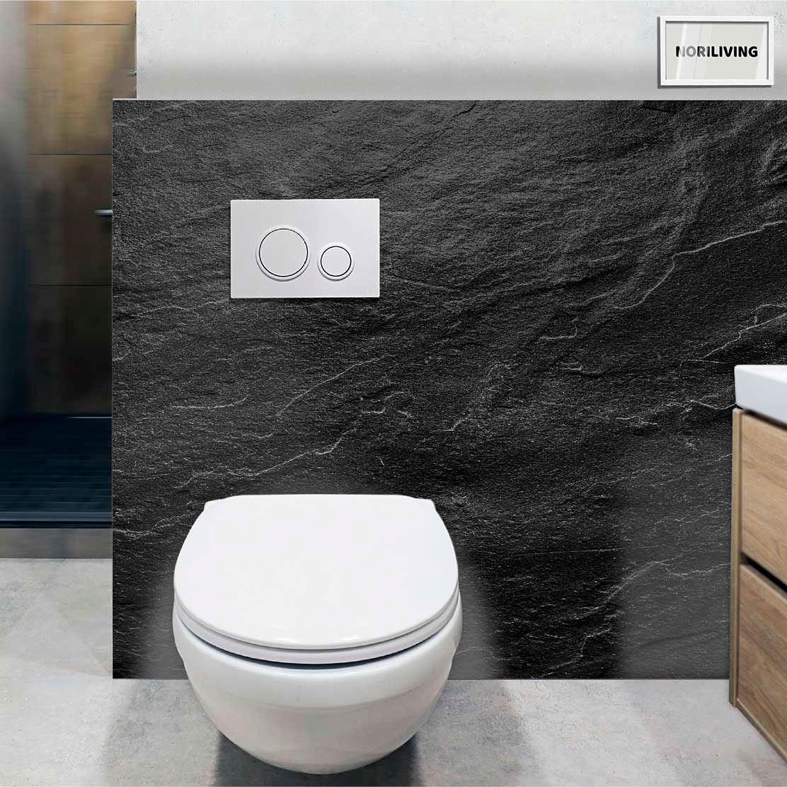 im WC eingebaute Toilettenrückwand mit Motiv Stein Schiefer 349b schwarz-weiß