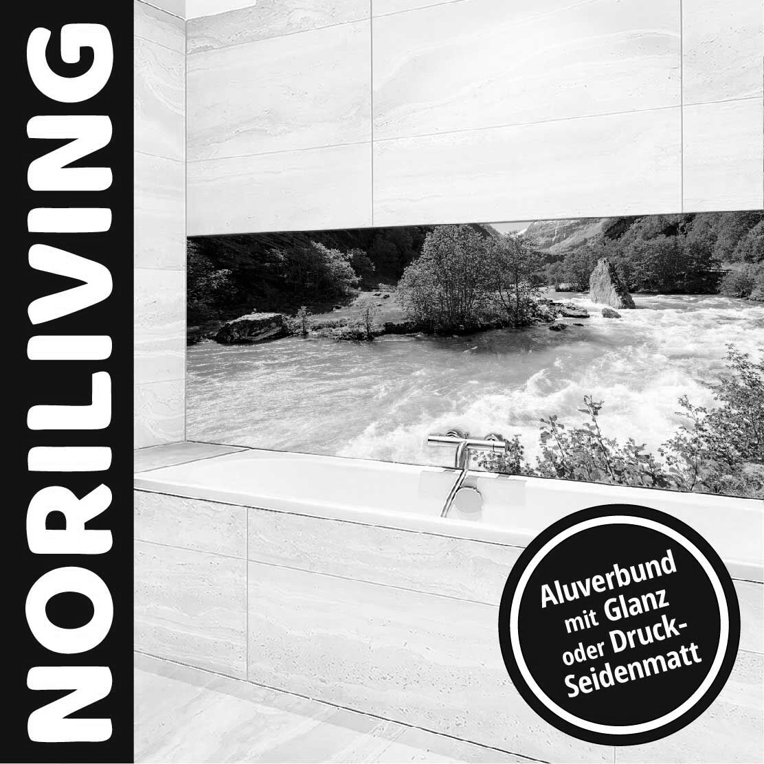 Ansicht des Badrückwand-Motivs Schönes Flam-Tal in Norwegen 082 schwarz-weiß Unterkante