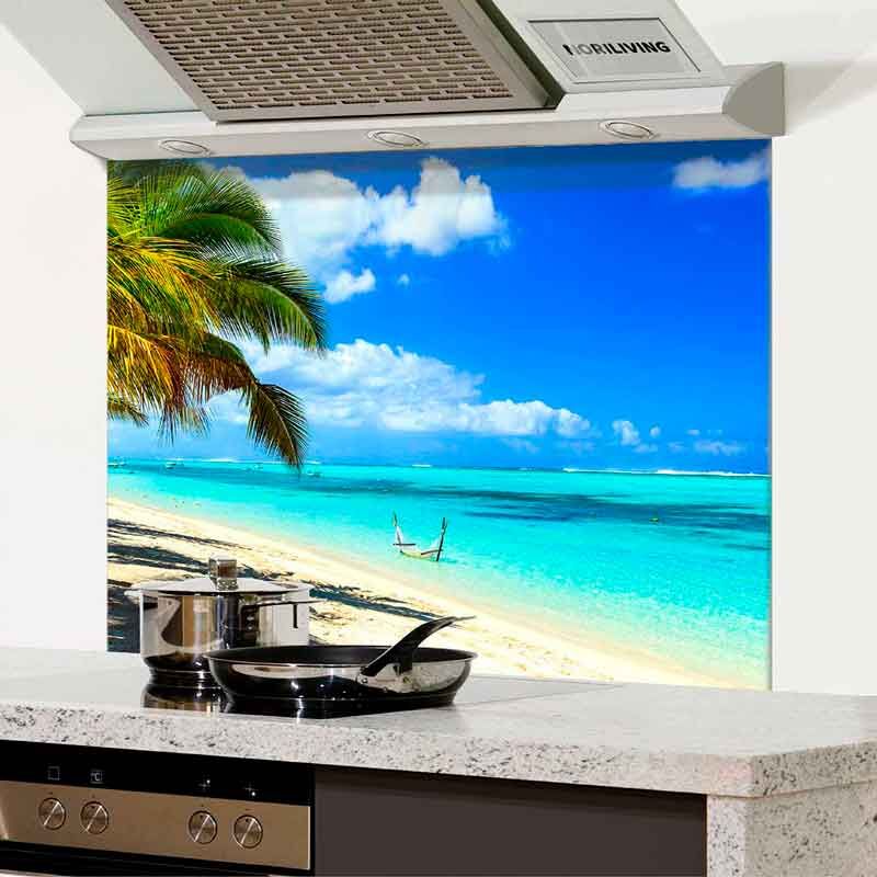 Küchen-Spritzschutz mit tropischem Strandbild und Palmen