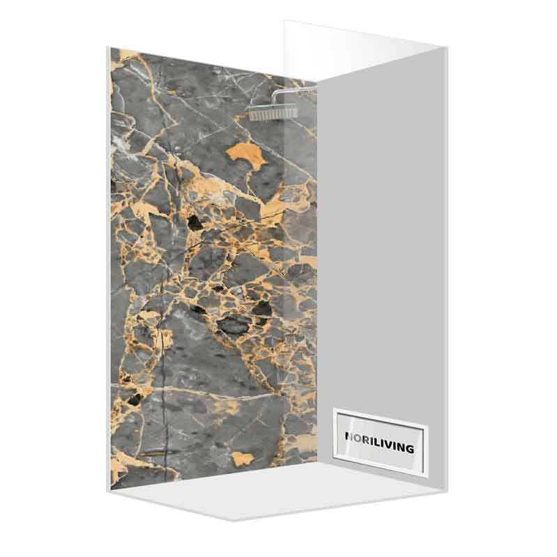 Duschwand mit grauer und goldener Marmoroptik, ideal für stilvolle Badezimmer