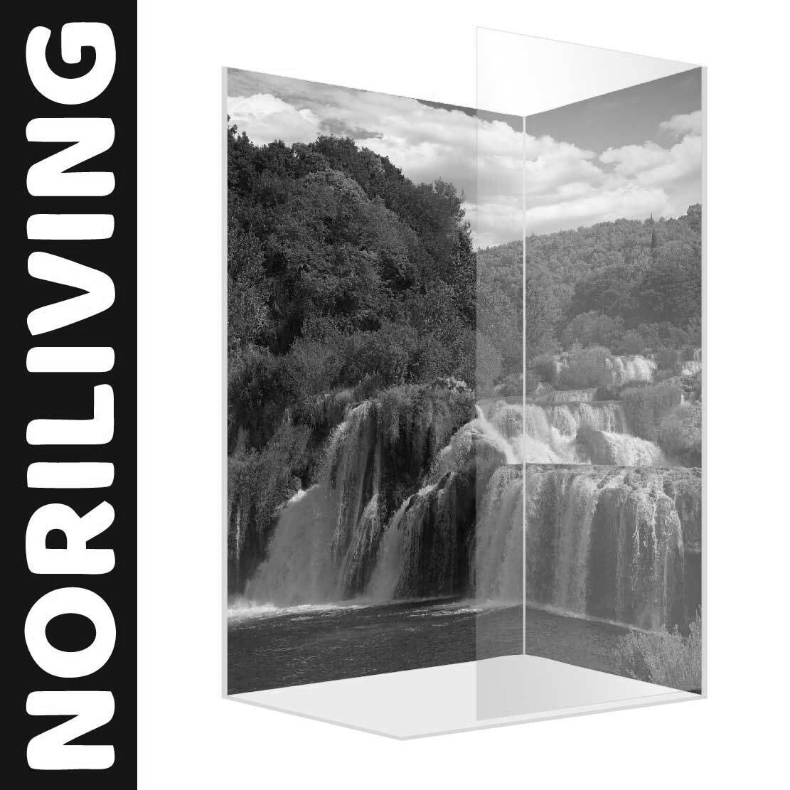 Abbildung einer Eck-Duschrückwand mit Motiv Krka Wasserfall Kroatien 385 schwarz-weiß