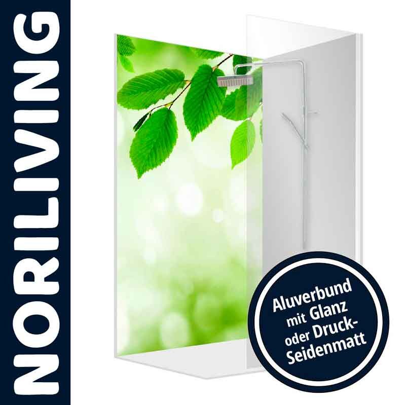 Duschwand von Noriliving mit grünem Blattmotiv und Aluverbund in Glanz oder Druck-Seidenmatt