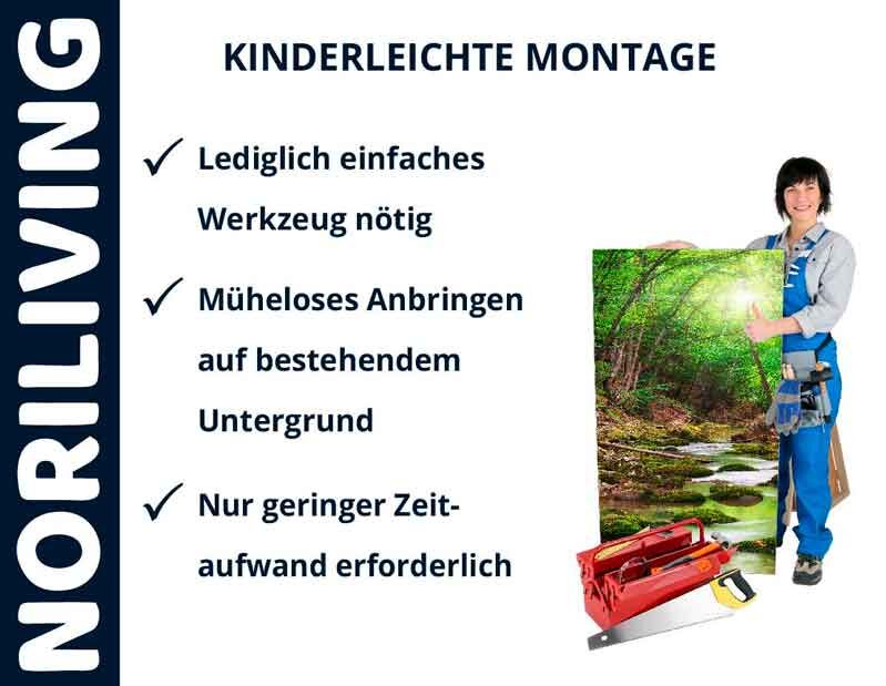 Person hält ein Bild mit grüner Waldszene, daneben Werkzeuge. Text: Kinderleichte Montage, einfaches Werkzeug nötig, müheloses Anbringen, geringer Zeitaufwand.