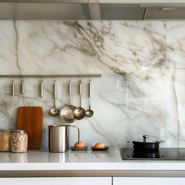 Moderne Küchenzeile mit Marmorrückwand und Hängeutensilien Elegante Kücheneinrichtung mit Marmorrückwand, auf der Kochutensilien und Vorratsbehälter arrangiert sind