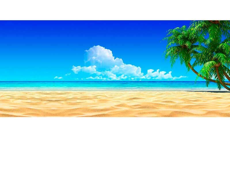 Sonniger Sandstrand mit Palmen und blauem Meer unter klarem Himmel