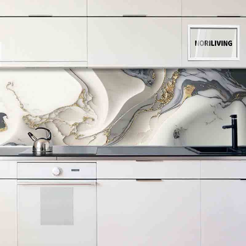 in der Küche eingebaute Küchenrückwand Profiline mit Motiv Marmor hell- und mittelgrau mit goldfarbigen Einschlüssen 063