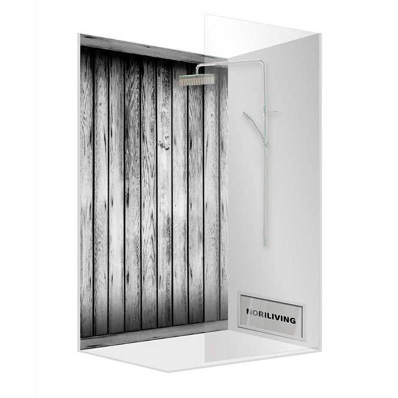Stylische Duschkabine mit Glaswand und Holzoptik, ausgestattet mit einer modernen Regendusche