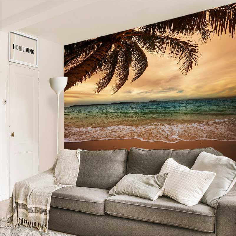 im Wohnzimmer eingebaute Wohnzimmerrückwand mit Motiv Tropischer Strand am Abend 724