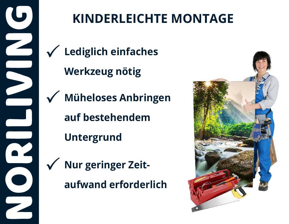 NORILIVING einfache Montage, unkomplizierte Anbringung auf bestehendem Untergrund mit minimalem Zeitaufwand, Bild von Person mit Werkzeug und Fototapete