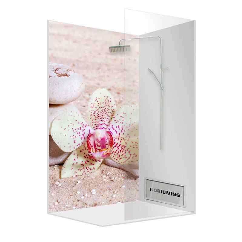Duschkabine mit dekorativem Orchideenmotiv und Sandsteinoptik