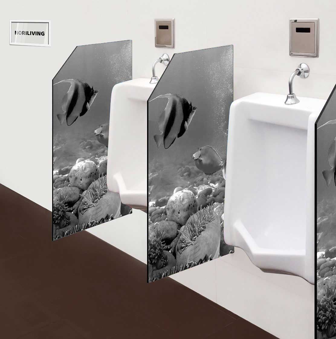 in der Toilette eingebaute Schamwand mit Motiv Fische im Meer 734 schwarz-weiß