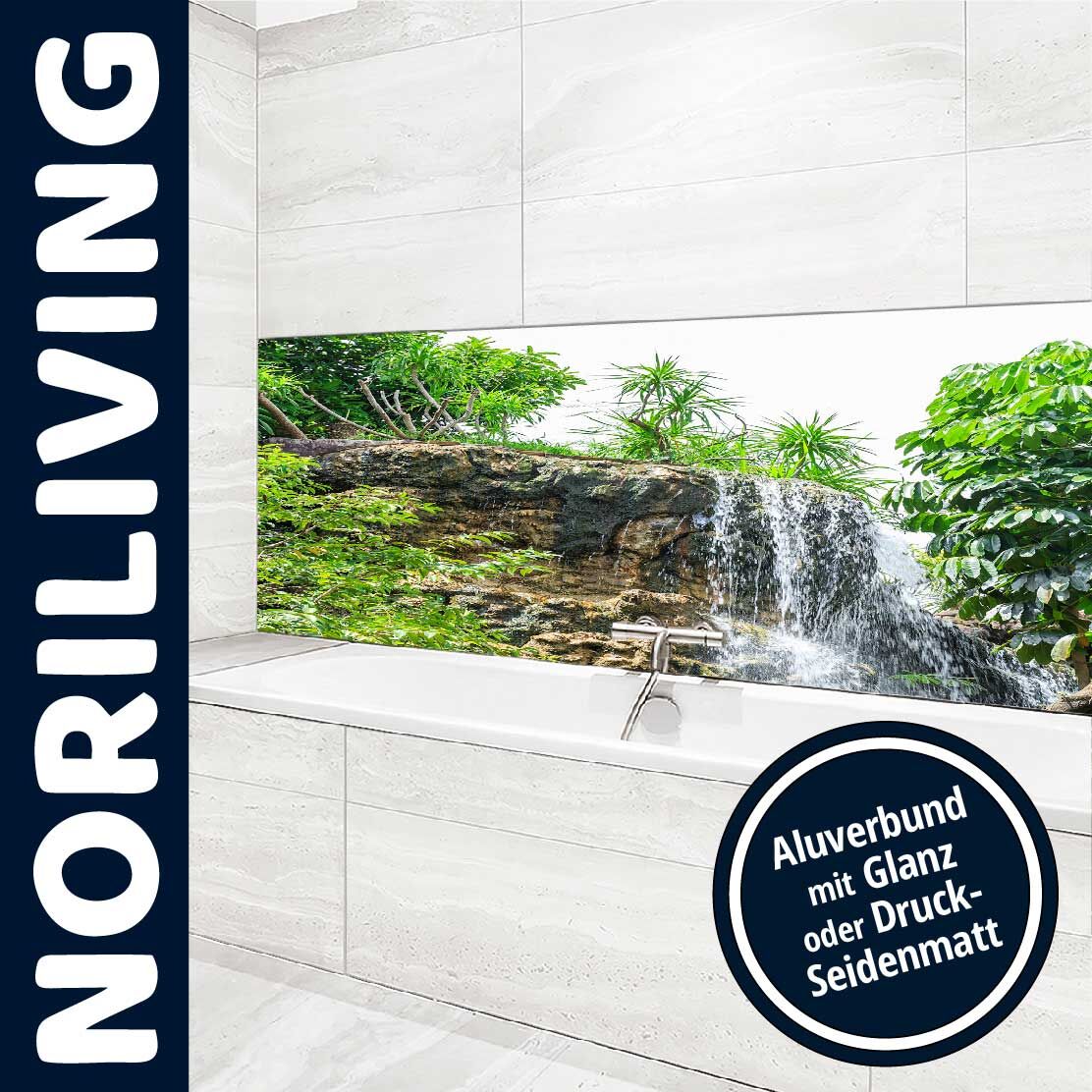 Ansicht des Badrückwand-Motivs Wasserfall an Felsvorsprung 178 Oberkante