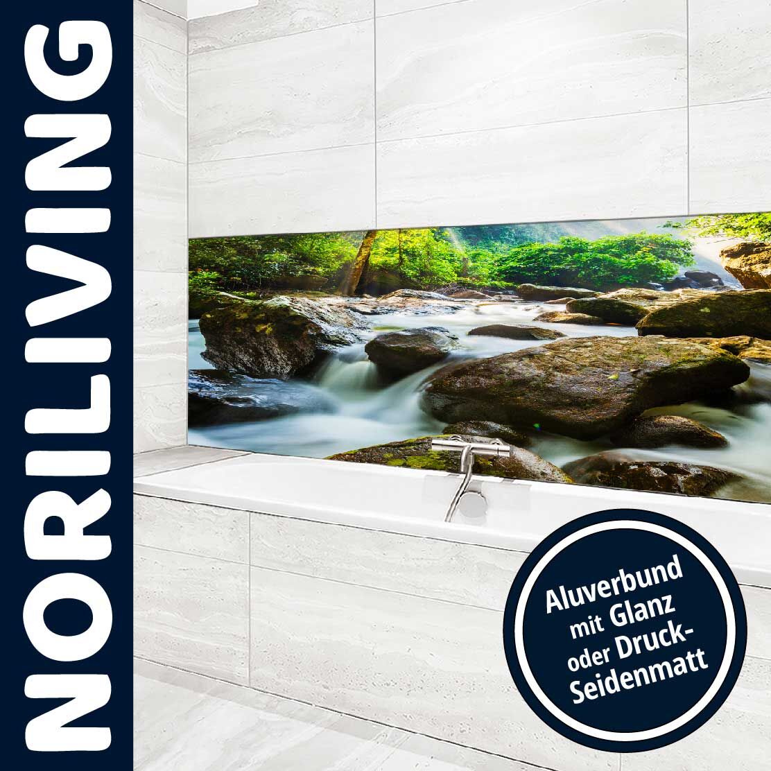 Ansicht des Badrückwand-Motivs kleiner Wasserlauf über Felsen 736 Unterkante