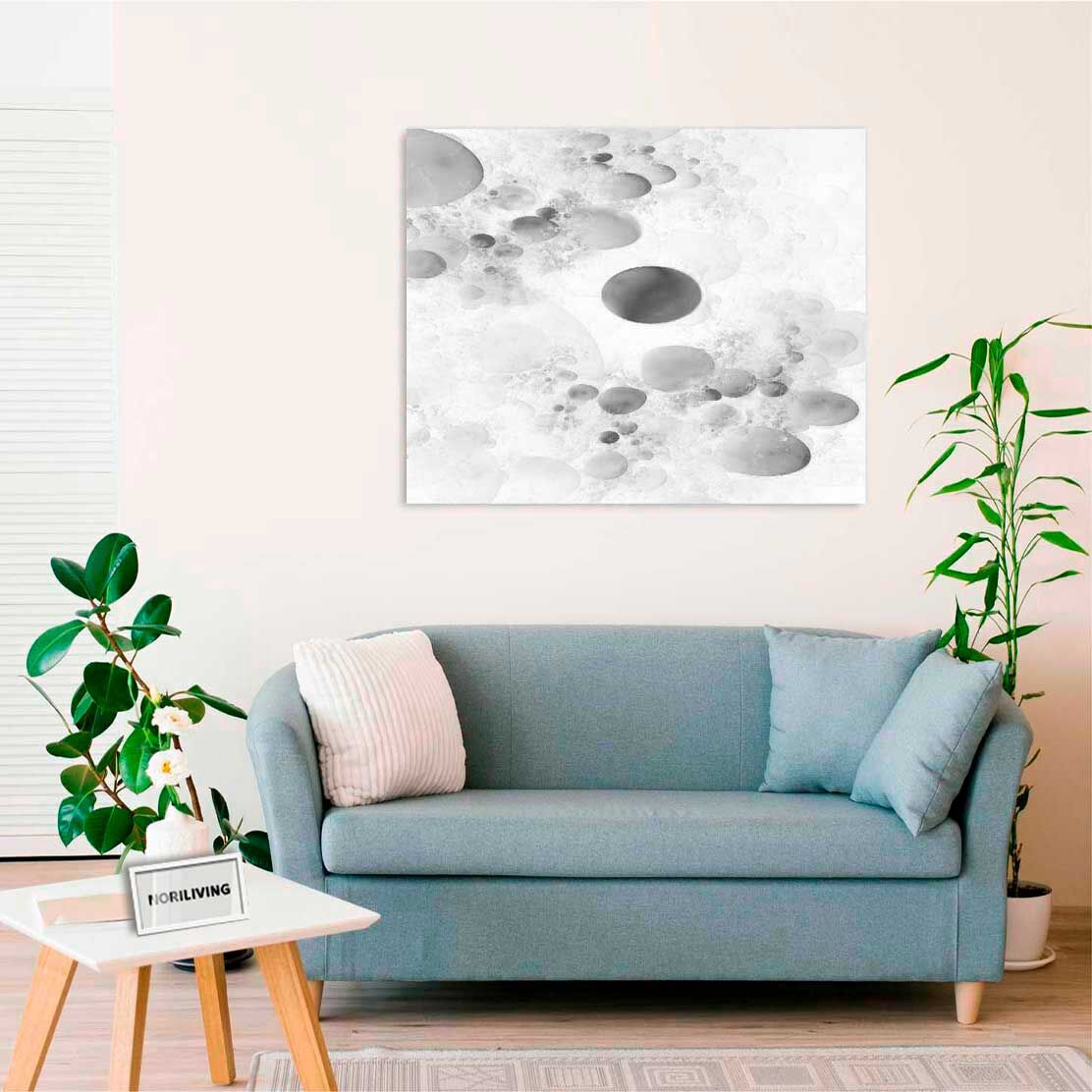 Wandbild über dem Sofa mit Motiv mehrfarbige Vollkugeln in verschiedenen Formen 784 schwarz-weiß