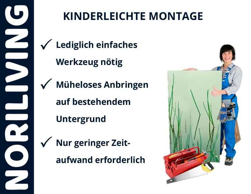 Montage leicht gemacht: Frau in Arbeitskleidung präsentiert Noriliving-Produkt mit Werkzeug. Einfache Montage mit minimalem Aufwand.