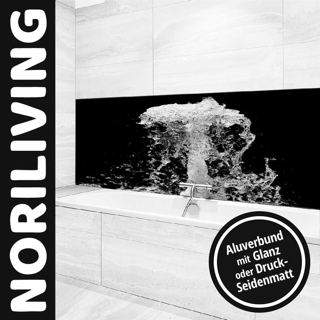 Elegante Noriliving Küchenrückwand in Schwarz-Weiß mit Wasserfall-Motiv und glänzendem oder seidigem Finish