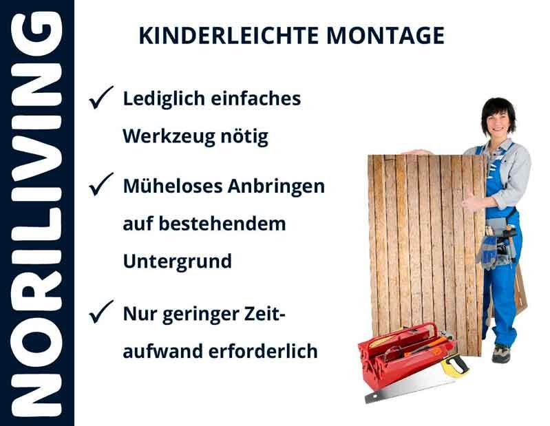 Person zeigt Noriliving Holzpaneele, einfache Montage mit wenig Werkzeug erforderlich