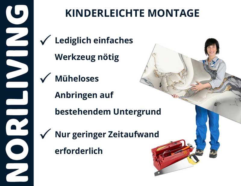 Frau zeigt Platte mit NORILIVING-Logo, begleitet von Werkzeug und Montageanleitung: kinderleichtes Anbringen mit wenig Aufwand.