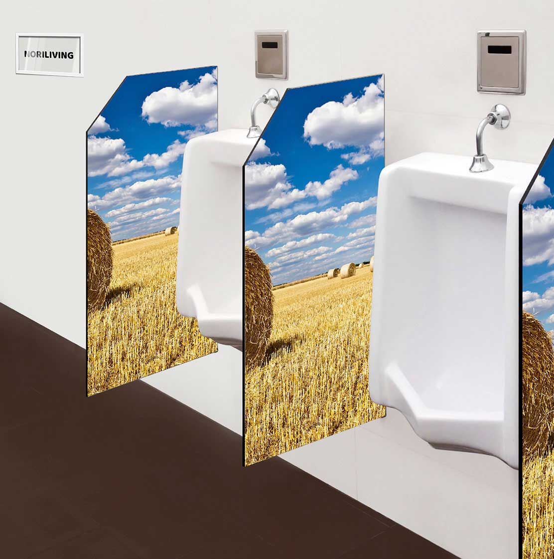 in der Toilette eingebaute Schamwand mit Motiv Strohballen in einem Feld mit Wolkenhimmel 438
