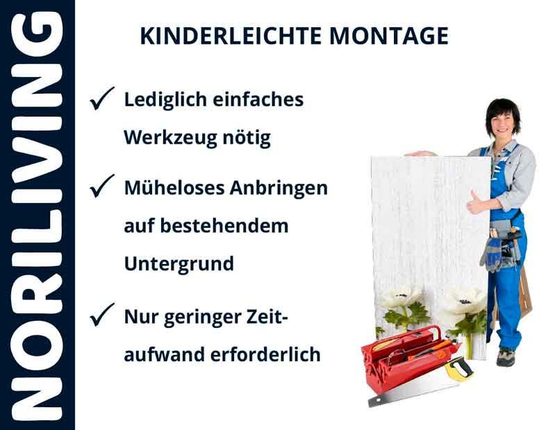 Werbebild von NORILIVING mit Hinweisen zur einfachen Montage durch geringes Werkzeug und Zeitaufwand. Eine Person hält ein Montageobjekt.