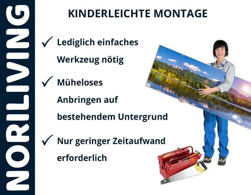 Frau hält Landschaftsbild neben Checkliste für kinderleichte Montage von NORILIVING
