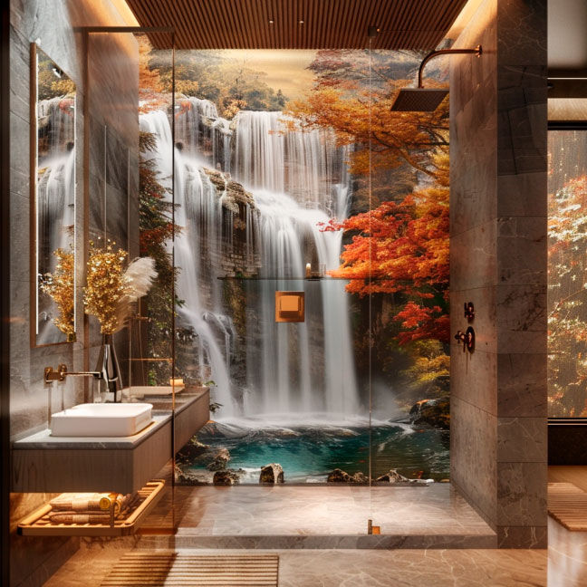 Bild: Duschrückwand Wasserfall im Herbst Eine Darstellung von Duschrückwand Wasserfall im Herbst