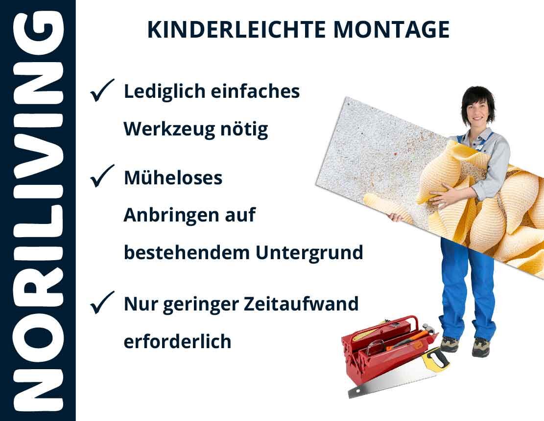 Person hält ein großformatiges Bild, daneben Werkzeuge und Text über kinderleichte Montage von NORILIVING-Produkten