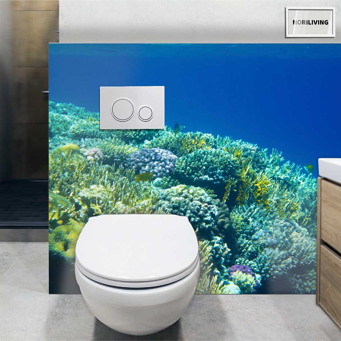 im WC eingebaute Toilettenrückwand mit Motiv Fische im Meer 054