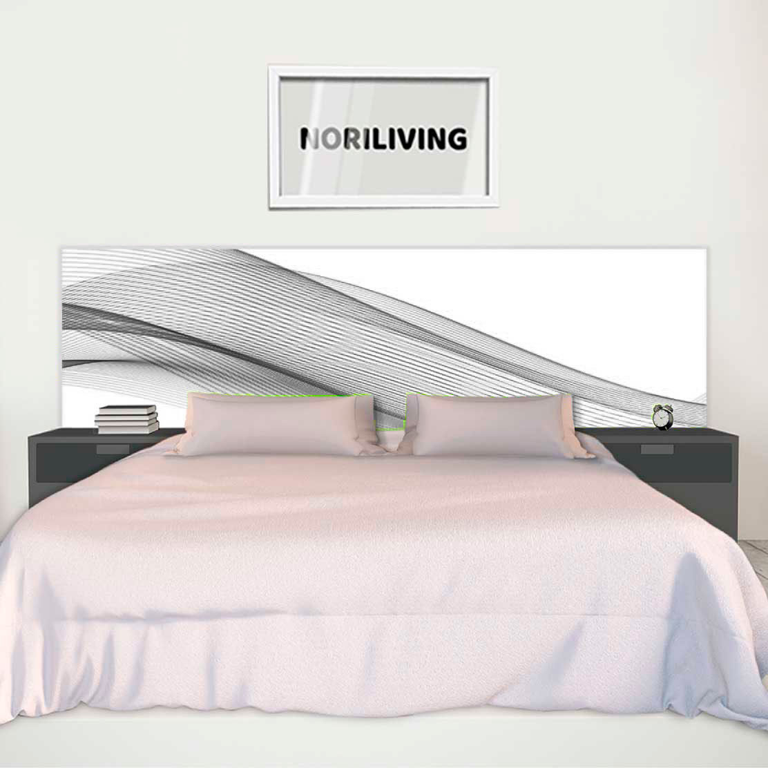 im Schlafzimmer eingebaute Bettrückwand mit Motiv abstrakte grüne Wellenlinien 973 schwarz-weiß