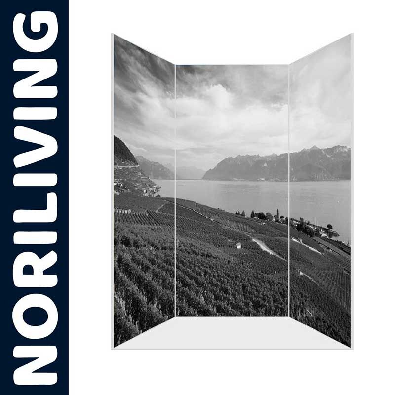 Schwarz-weißer Raumteiler mit Berg- und Seelandschaft von NORILIVING
