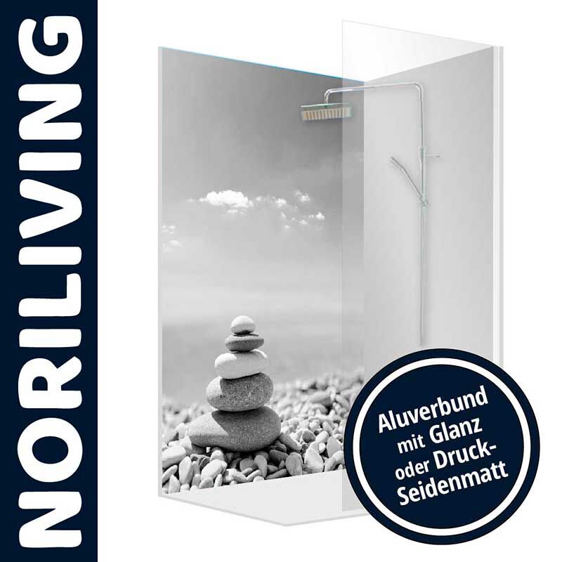 Moderne Duschwand von Noriliving mit Steindesign, Alubund in Glanz oder Druck-Seidenmatt erhältlich