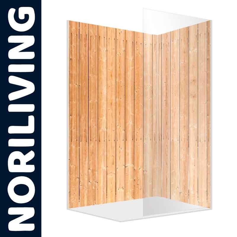 Abbildung einer transparenten Duschabtrennung mit Holzoptik und Noriliving-Logo