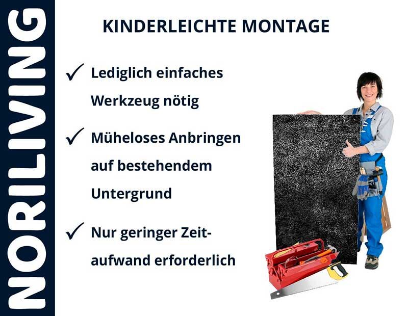 Person hält Platte mit noriliving-Schriftzug, einfache Werkzeuge und Montagehinweise daneben