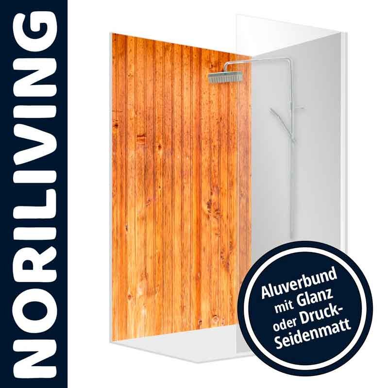 Duschwand von Noriliving mit Holzoptik und Aluverbund, Optionen Glanz oder Druck-Seidenmatt