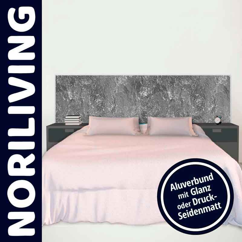 Modern eingerichtetes Schlafzimmer mit Doppelbett und stilvollem Alu-Verbund Kopfteil in Glanz oder Druck-Seidenmatt von Noriliving