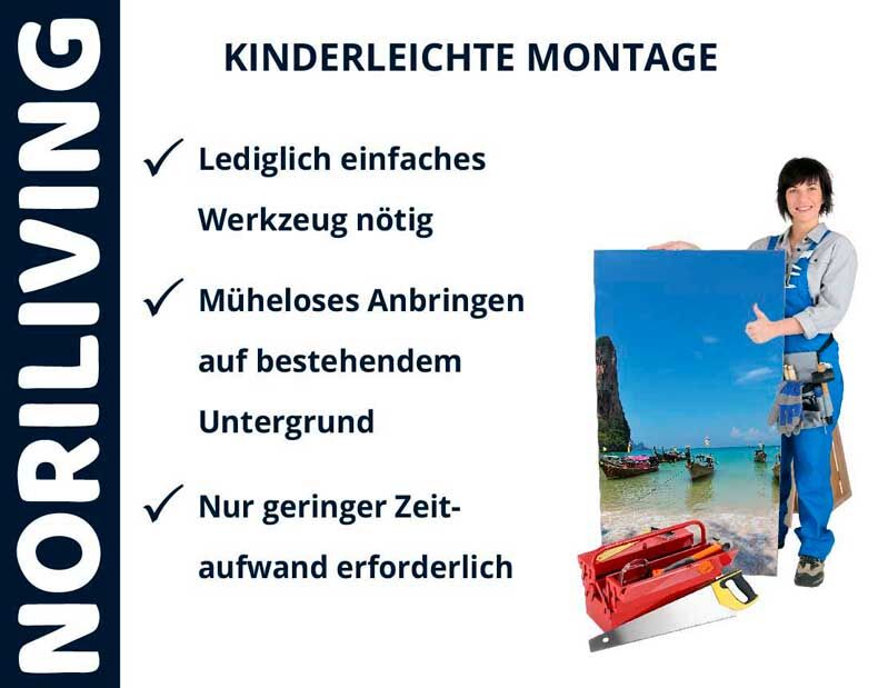 Person zeigt ein Bild für kinderleichte Montage mit Noriliving, einfache Werkzeuge und geringer Zeitaufwand