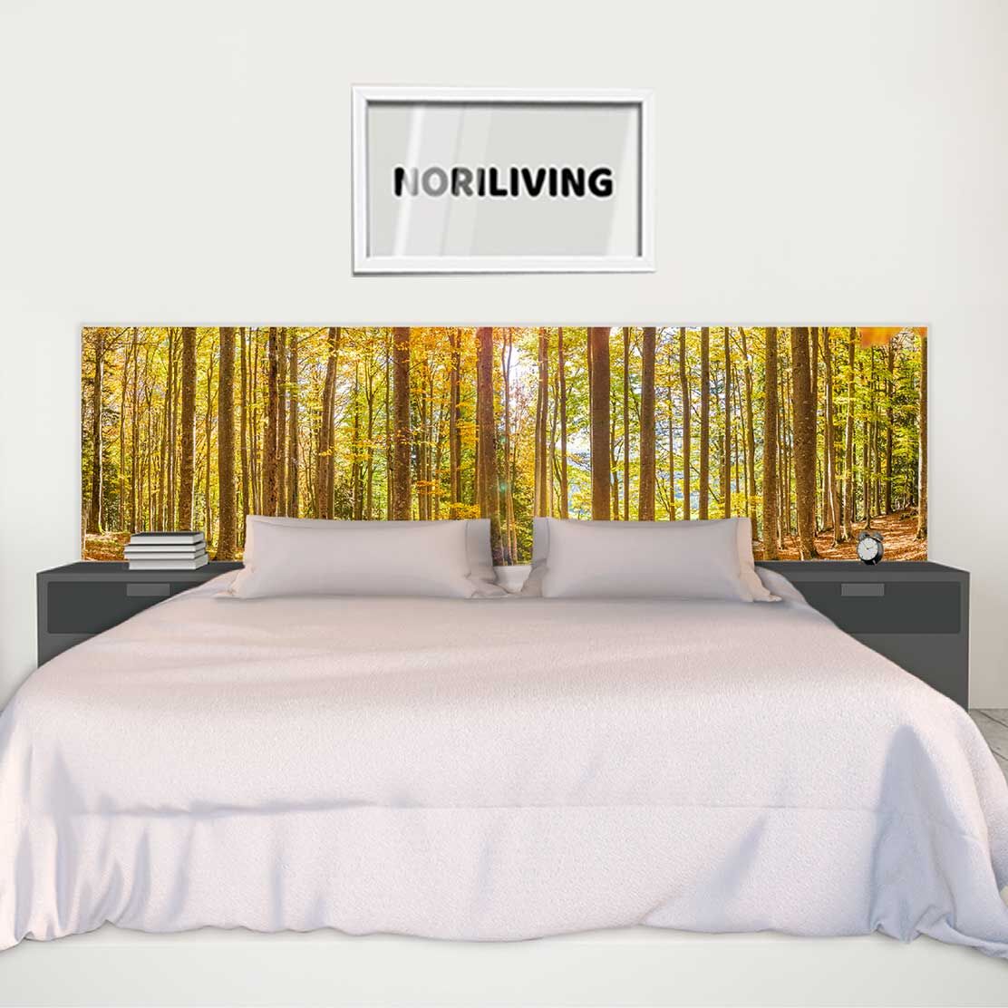 im Schlafzimmer eingebaute Bettrückwand mit Motiv Herbstwald mit Buchen und Sonnenstrahlen 138
